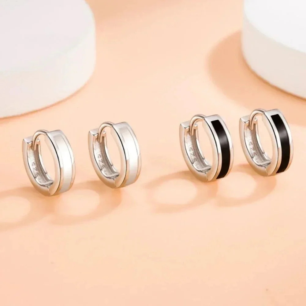 925 Sterling Silver Black or White Huggie Hoop Earrings Dainty Minimalist Hoops